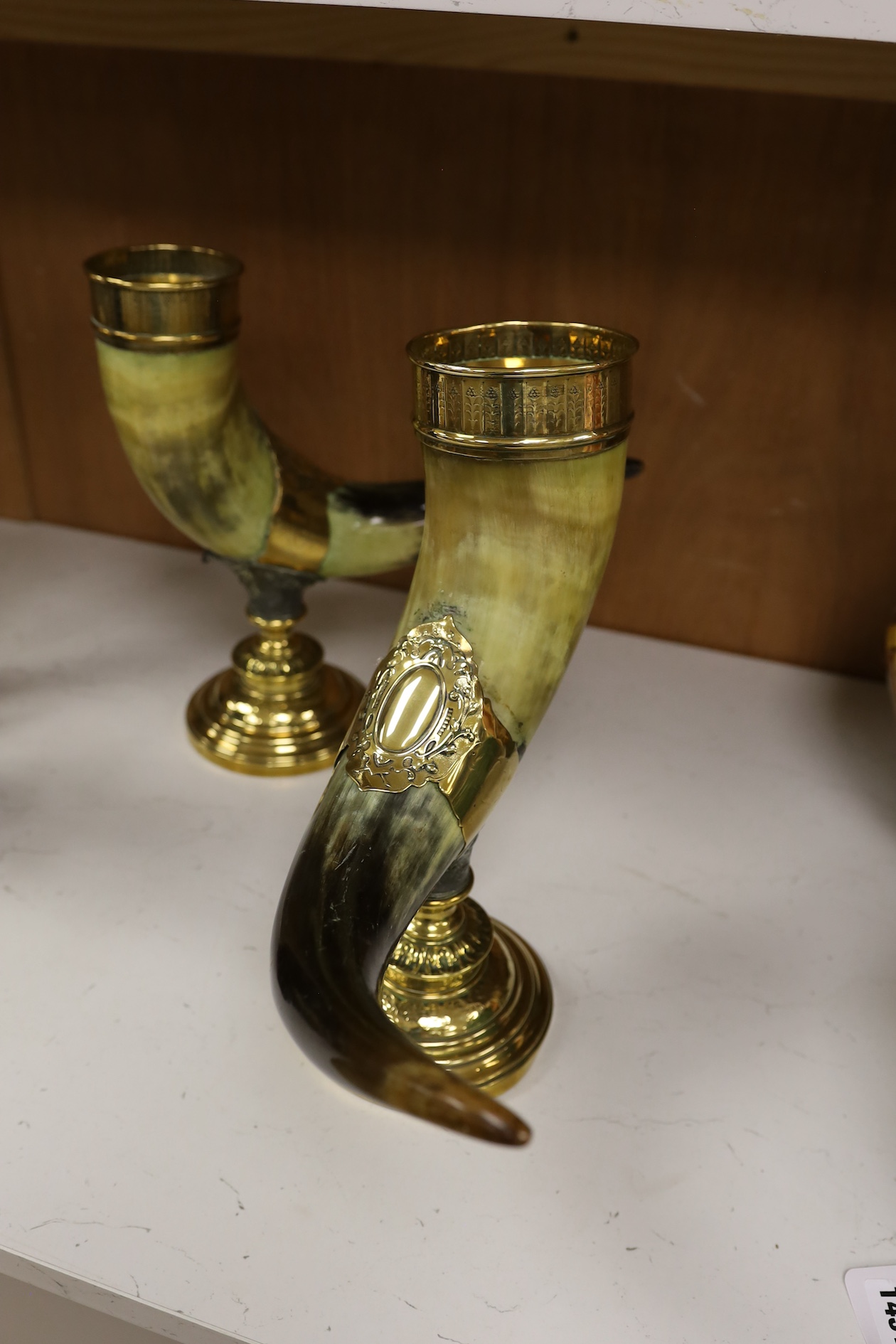 A pair of large decorative brass mounted horns, 33cm high. Condition - brass mounts dented and horns scratched in places